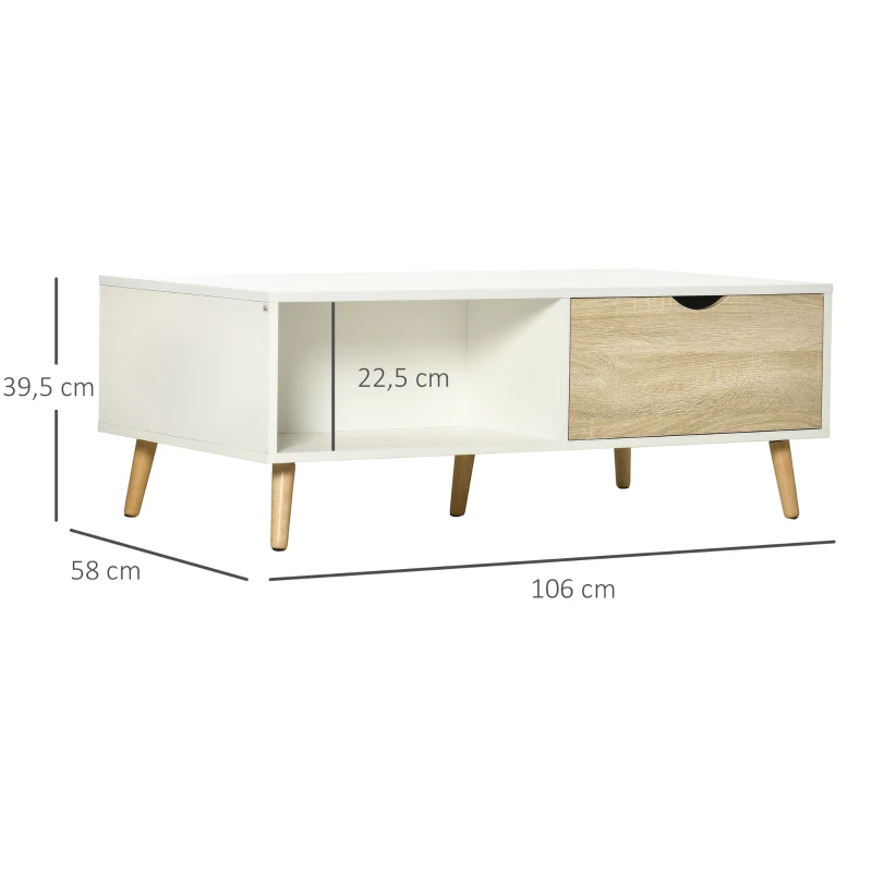 HOMCOM Mesa de Centro Rectangular Mesa con 2 Cajones y Compartimientos Abiertos Estilo Nórdico 106x58x39,5 cm Blanco
