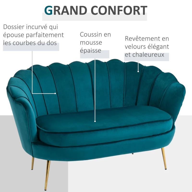 HOMCOM Canapé 2 places en tissu velours, petit canapé, en forme de coquillage, avec coussin épais de 10 cm, canapé, structure en métal, pieds dorés effilés, facile à assembler, bleu canard