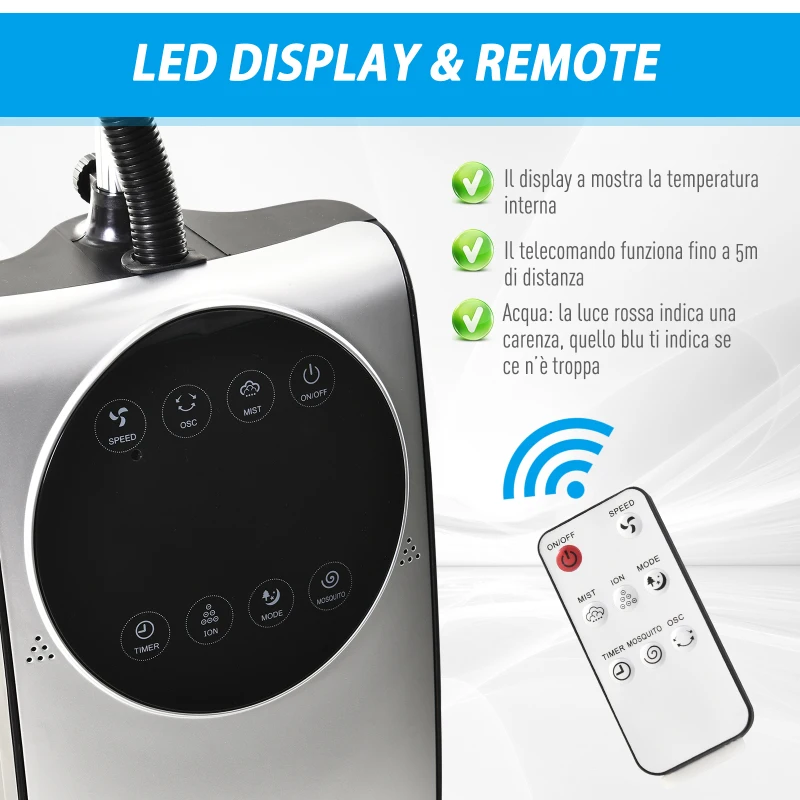 HOMCOM Ventilatore Oscillante con Nebulizzatore Deumidificatore e Telecomando 3 Modalità e Timer 12h Ф44.5cm x 135cm