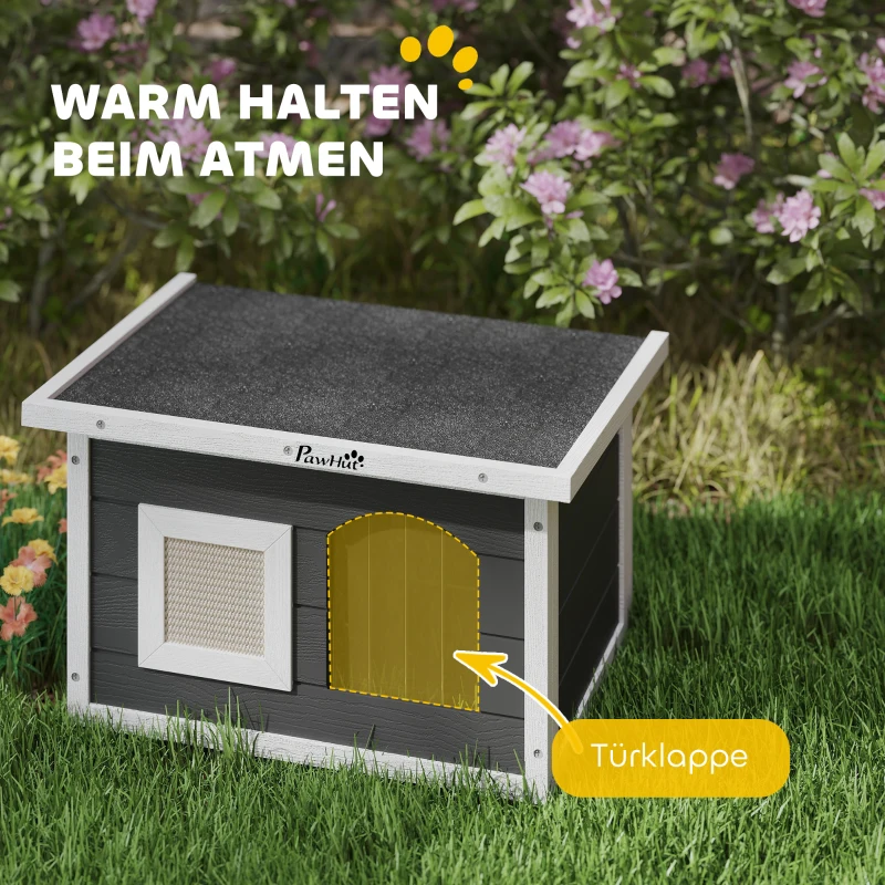 PawHut Katzenhaus, Rückzugsort für Katzen und Kaninchen, Holzhaus mit Kratzmatte, Türklappe, 61 x 45 x 36,5 cm, Grau(m-8)