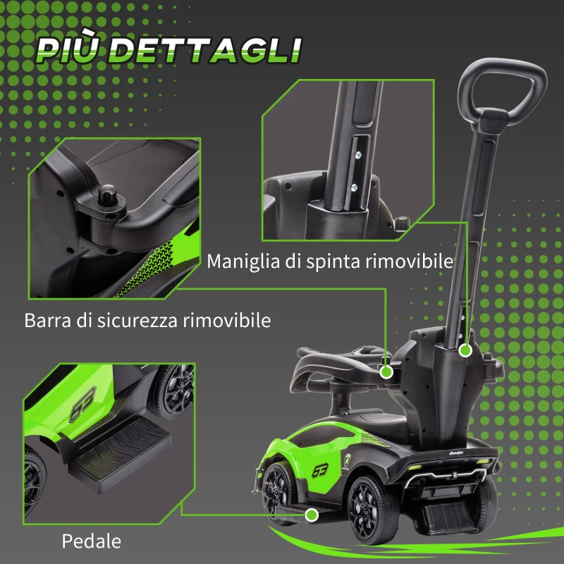 AIYAPLAY Lamborghini Macchinina per Bambini 2 in 1 con Maniglione e Barriera di Sicurezza, Volante e Clacson, Auto per Bambini in PP e Metallo, 86.5x40x89.5 cm, Verde e Nero