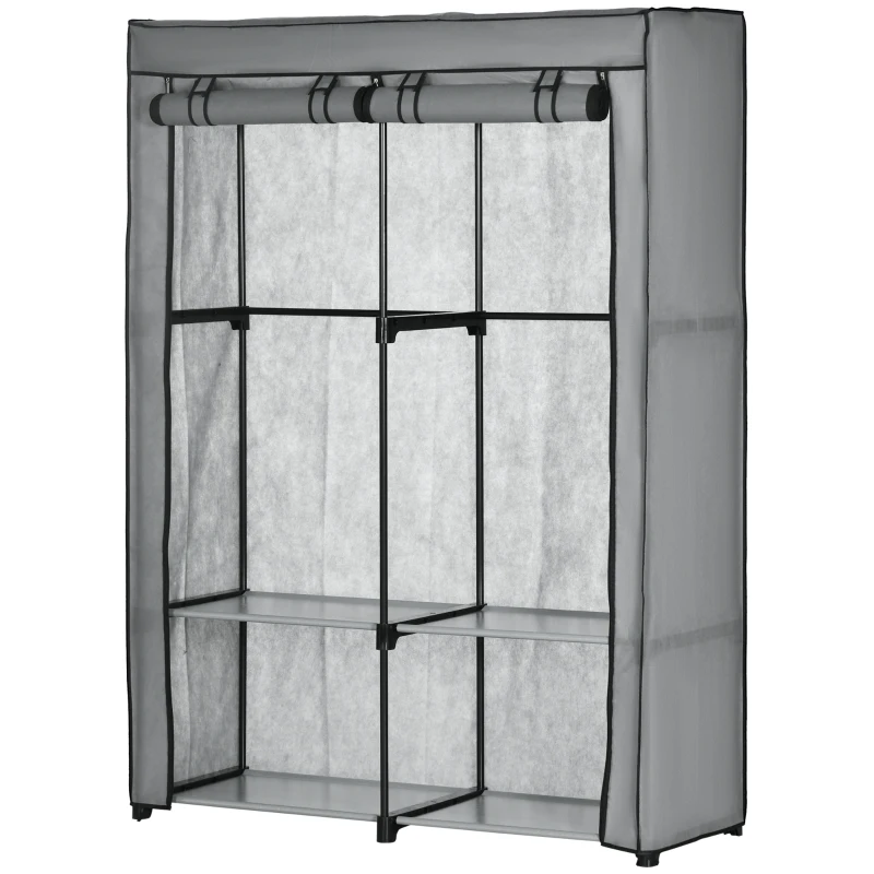 HOMCOM Steel Frame Fabric Wardrobe, with Rail and Shelves - Light Grey