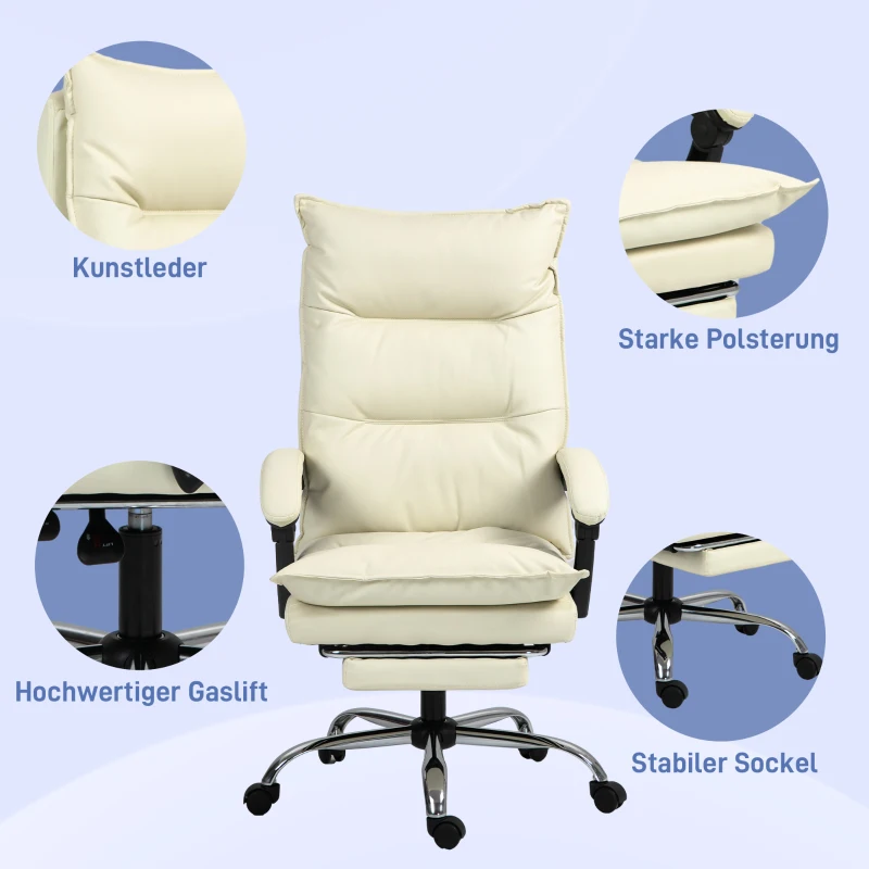 Vinsetto Bürostuhl, verstellbare Sitzhöhe, Fußstütze, Kunstleder, bis 135 kg, Metallbasis, 66x72x116-124cm, Beige(m-7)