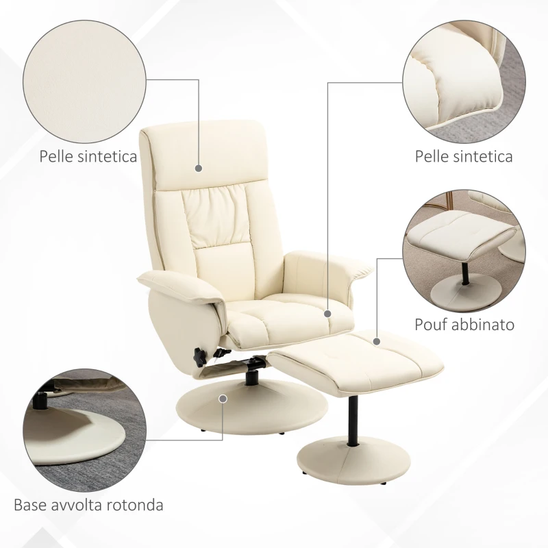 HOMCOM Poltrona Relax Reclinabile fino 135° con Seduta Girevole e Pouf Poggiapiedi, 78x84x110cm, Crema