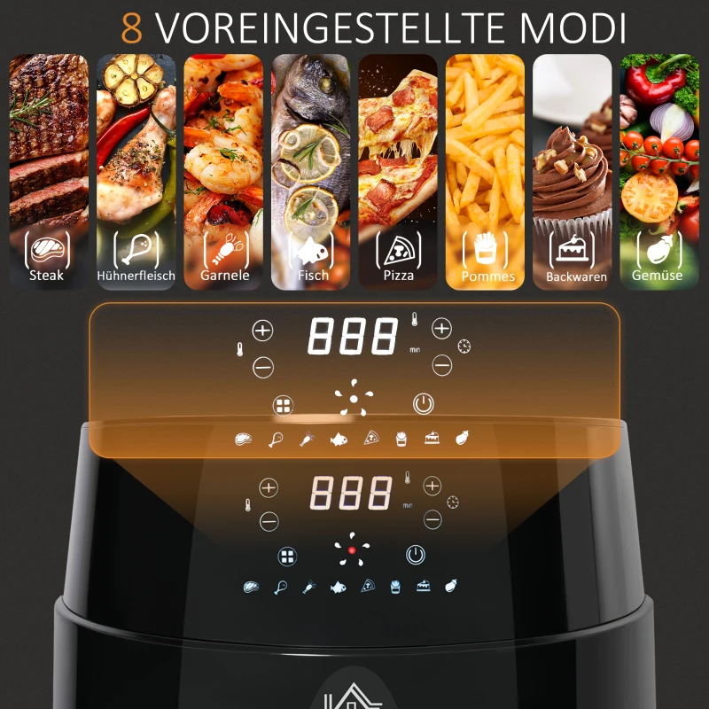 HOMCOM Heißluftfritteuse ohne Öl 4,5 L 1500W Airfryer mit 8 voreingestellte Modi LED-Display Antihaftbeschichteter Fritterkorb für gesundes ölfreies fettarmes Kochen Schwarz 28 x 35,1 x 33 cm