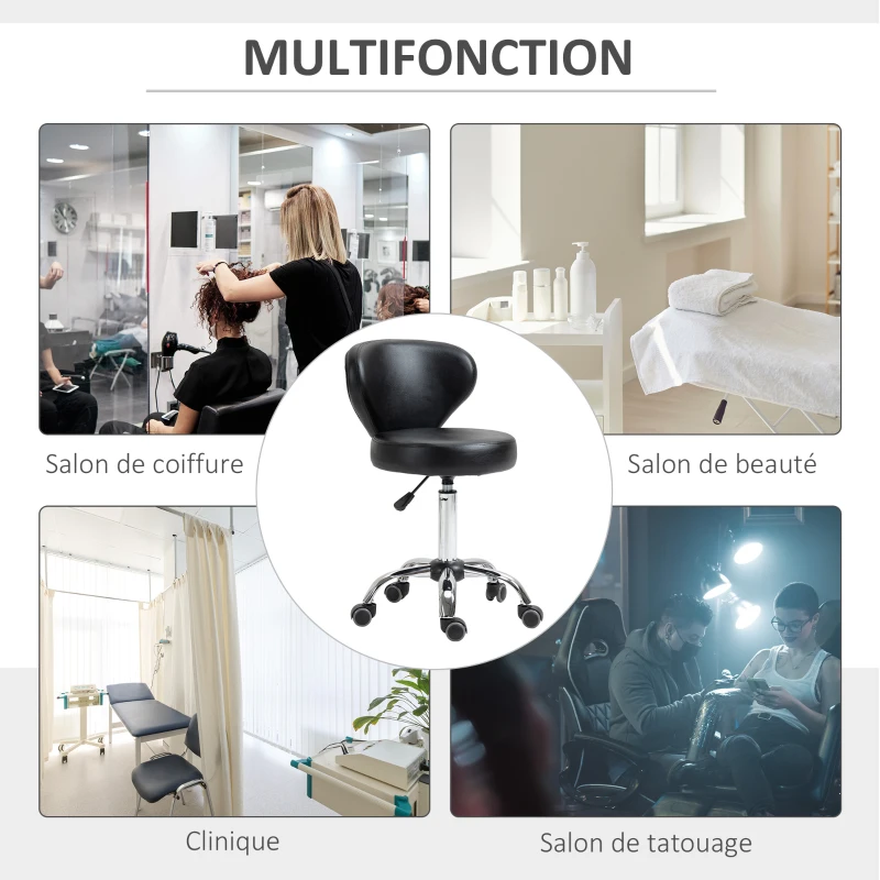 HOMCOM Tabouret à roulette tabouret de massage - tabouret de travail pivotant 360° - assise réglable 49-64H cm, dossier ergonomique - métal chromé revêtement synthétique noir