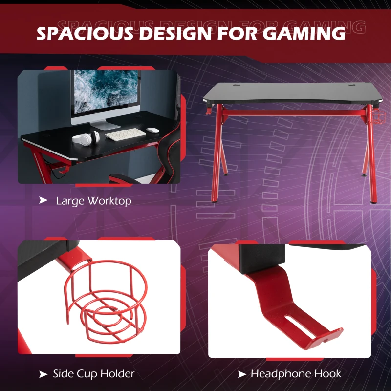 HOMCOM RGB Gaming Desk Computer Table Metal Frame with LED Light, Cup Holder, Headphone Hook, Cable Hole, Red