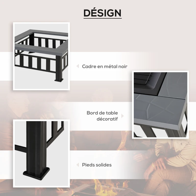 Outsunny Brasero cheminée Foyer extérieur dim 86L x 86l x 54H cm Grille à Charbon Couvercle tisonnier métal Noir
