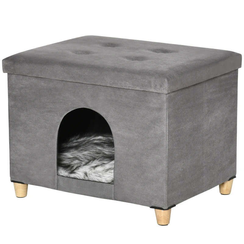 PawHut 2-IN-1 Katzenhöhle Fußhocker mit Kissen Holzbeine Katzenhaus Katzenkorb weich gepolstert Ottomane elegantes Design abnehmbar MDF Plüsch Grau 60 x 45 x 44,5 cm(m-13)