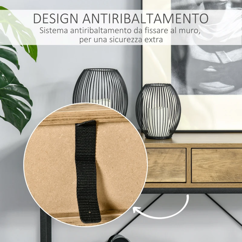 HOMCOM Tavolo Consolle Stile Vintage in Metallo e Legno con 2 Cassetti e Mensola, 100x35x76.5cm, Marrone