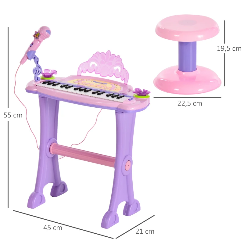 HOMCOM Teclado Electrónico Infantil 32 Teclas Juguete Musical Piano Infantil Piano para Niños con Micrófono Taburete Luces Variedad Sonidos Rítmos Melodias MP3 Karaoke Modo de Enseñanza Rosa