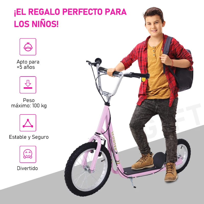 HOMCOM Patinete 135x58x92-100 cm 2 Ruedas 16/12 pulgadas con 2 Frenos Scooter + Caballete Rosa
