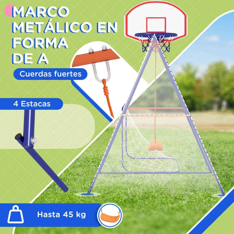 Outsunny Columpio para Niños de 3-8 Años 3 en 1 con Canasta y Portería de Fútbol Desmontable Marco de Acero Multicolor