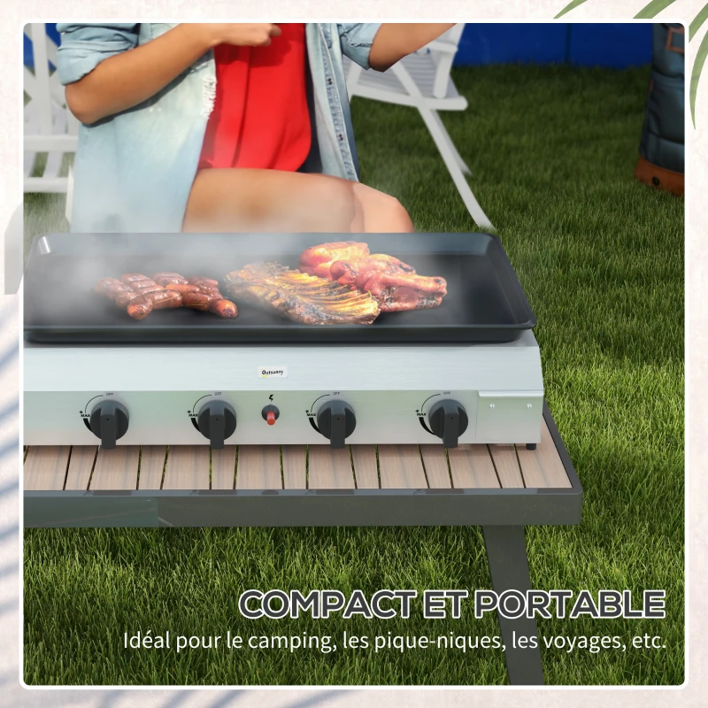 Outsunny Plancha gaz en acier inox émaillé 4 brûleurs 9,6 kW antiadhésive grande surface de cuisson 73L x 34l cm, transportable