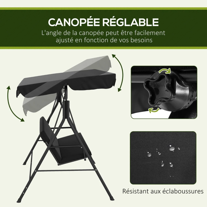 Outsunny Balancelle de Jardin 3 Places Toit Inclinaison réglable Coussins Assise et Dossier Acier Noir Polyester Noire