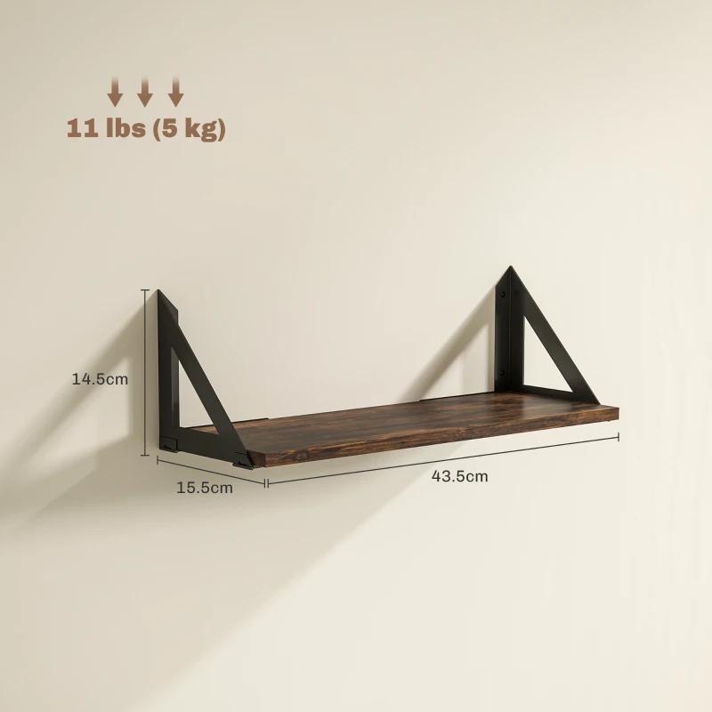 HOMCOM Set of 3 Wall Shelves, 43cm Vintage Wall Mounted Floating Shelves for Living Room, Entryway, Bedroom, Rustic Brown