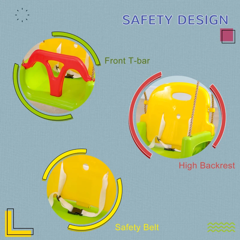 Outsunny 3 in 1 Detachable Kids Swing Seat with Safety Belt, Adjustable Rope for Indoor, Outdoor, Playground, Garden, Green