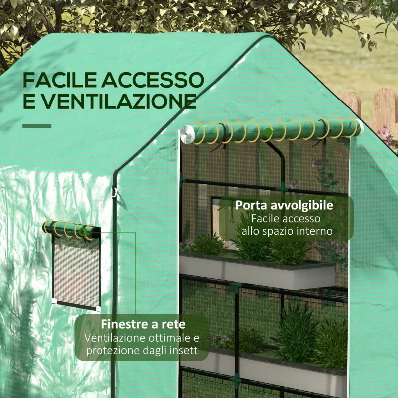 Outsunny Copertura PE per Serra da Giardino con Porta a Cerniera e Finestre, 140x143x190cm, Verde