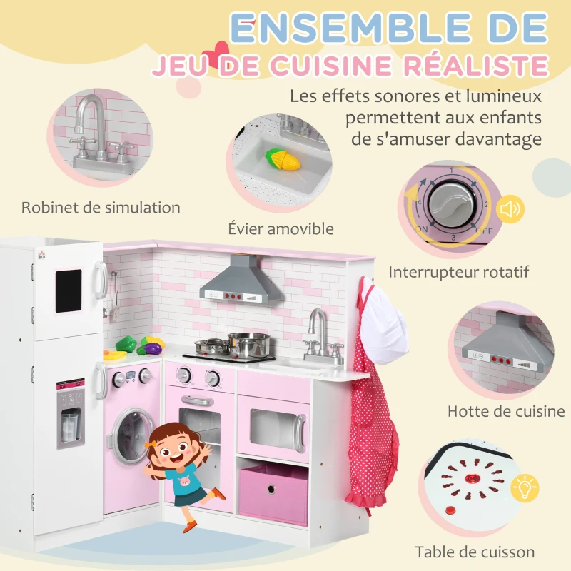 HOMCOM Cuisine d'angle pour enfants avec accessoires, sons et lumières - en MDF - rose et blanche