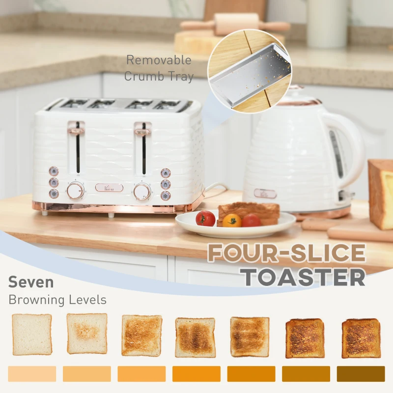 HOMCOM Kettle and Toaster Sets, 3000W 1.7L Rapid Boil Kettle & 4 Slice Toaster with 7 Browning Controls, Defrost, Reheat and Crumb Tray, UK Otter thermostat, Cream White