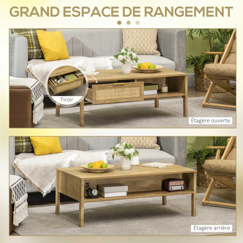 HOMCOM Table basse rectangulaire table de salon avec multi-rangements niche et tiroir portes effet cannage rotin tissé