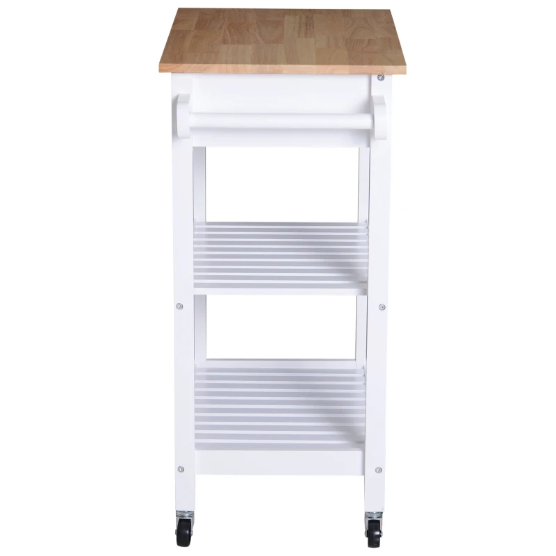 HOMCOM Carrello da Cucina Salvaspazio 2 Ripiani 1 Cassetto 1 Portasciugamani 4 Rotelle, Legno, Bianco, 64x39x84.5cm