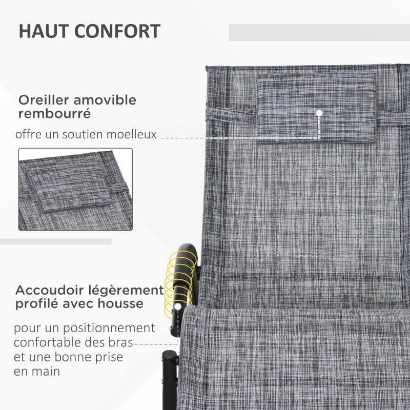 Outsunny Chaise longue à bascule avec tétière utilisation extérieure intérieure gris chiné