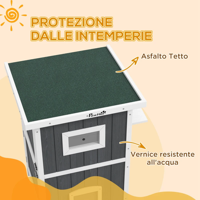 PawHut Cuccia per Gatti da Esterno in Legno a 2 Livelli con Tetto in Asfalto e 4 Porte, 60x60x90.5cm, Grigio