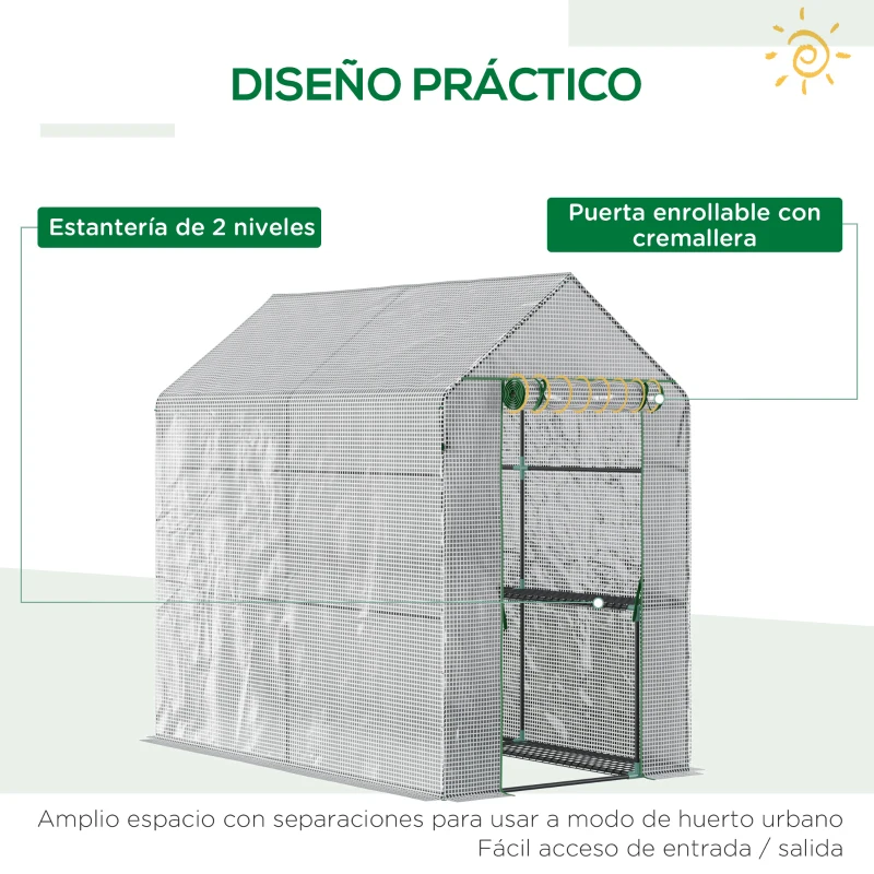 Outsunny Invernadero de Jardín Vivero Casero con 4 Estantes Puerta Enrollable Cubierta de PE 140g/m² y Marco de Acero para Cultivos Plantas Macetas Flores 120x186x190 cm Blanco
