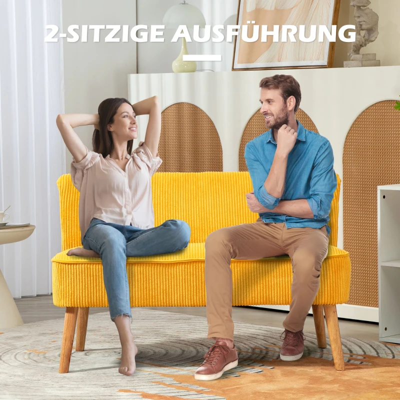 HOMCOM Zweisitzer-Sofa, elegantes Skandi Design, massiver Holzrahmen, bis 150 kg, 117 x 56,5 x 77 cm, Gelb(m-6)