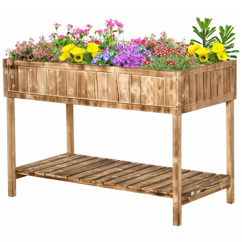 Outsunny Huerto Urbano de Madera 120x60x81 cm Jardinera Elevada para Cultivo de Plantas Flores Mesa de Cultivo con Estante Inferior para Jardín Terraza Exterior Carbanizado