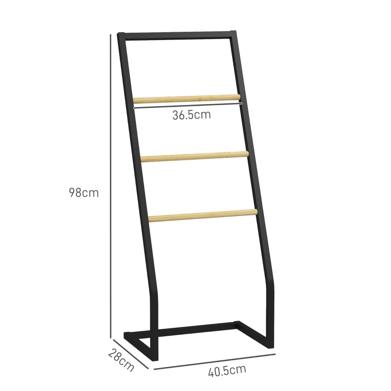 HOMCOM Portasciugamani a 4 Sbarre in Acciaio e Bambù, 40.5x28x98cm, Nero e color Legno