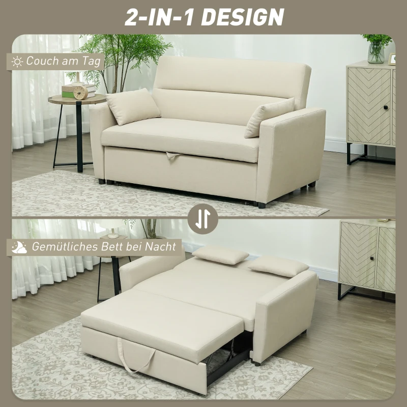 HOMCOM 2-Sitzer Sofa mit Bettfunktion, Verstellbarer Rückenlehne, Polstersofa, Samtoptik, für Wohnzimmer, Schlafzimmer, Beige