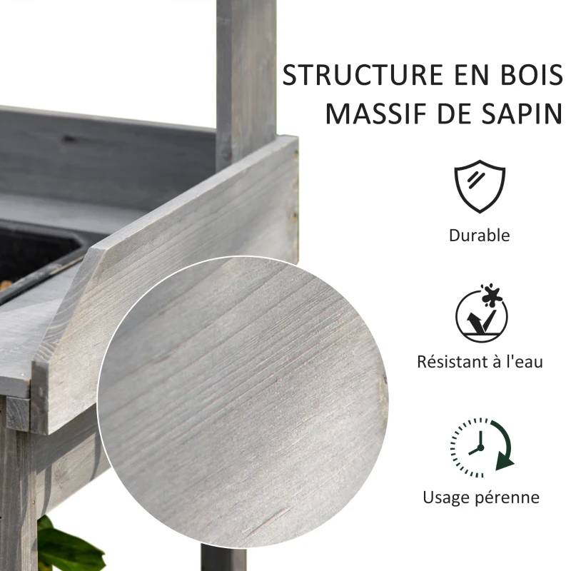 Outsunny Table de rempotage multi-équipée table de jardinage avec tiroir, 3 étagères, évier, 3 crochets - table de plantation bois sapin pré-huilé gris