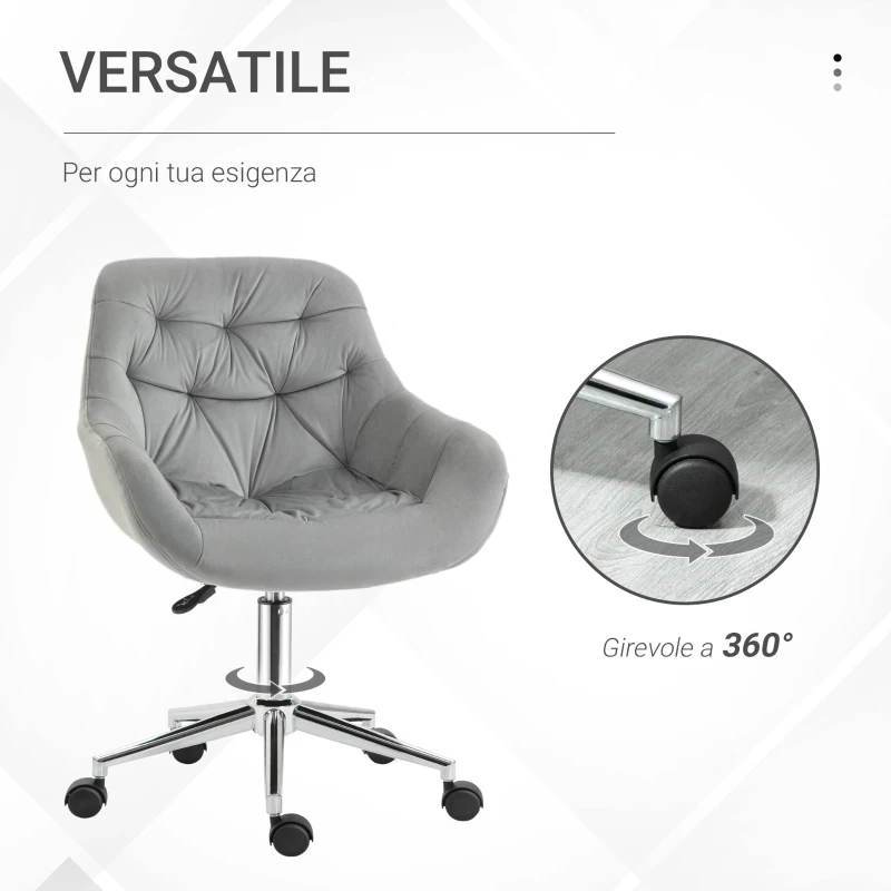 Vinsetto Sedia da Ufficio Ergonomica Girevole con Altezza Regolabile e Ruote, Rivestimento in Velluto, 59x58x80-90cm, Grigio