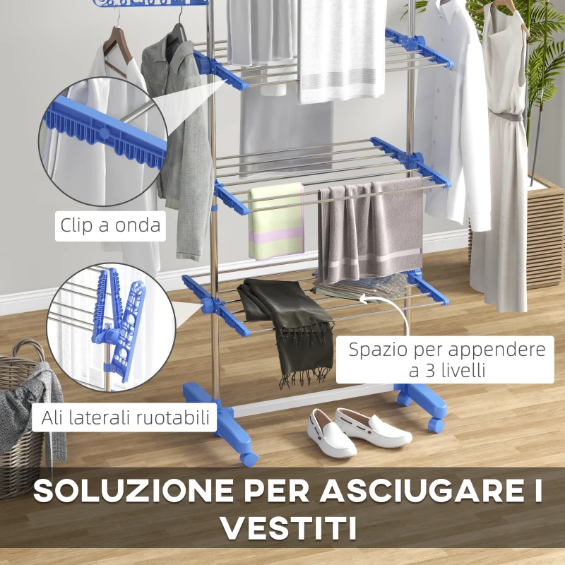 HOMCOM Stendino Verticale con 3 Ripiani Regolabili, in Acciaio e Plastica, 142x55x152 cm, Blu e Argento