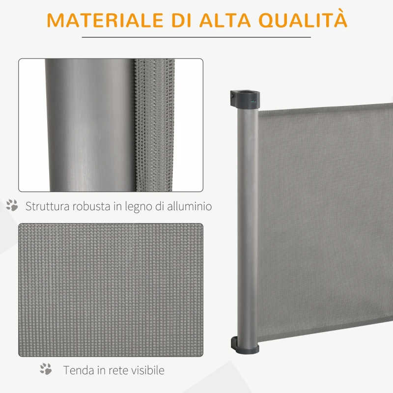 PawHut Cancelletto per Cani di Sicurezza per Cani Estensibile fino 140cm, Barriera Avvolgibile per Porte, Scale, Corridoi, Grigio