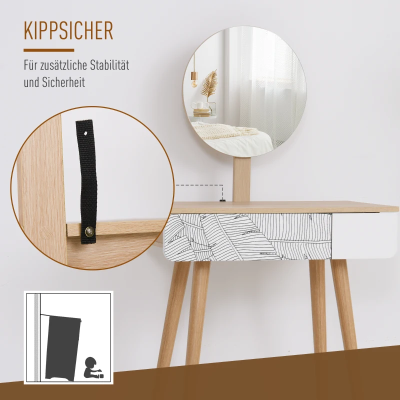 HOMCOM Schminktisch Kosmetiktisch mit Spiegel Frisierkommode Schmuck Schubladen Spanplatte Weiß+Eiche 70 x 39 x119-128 cm