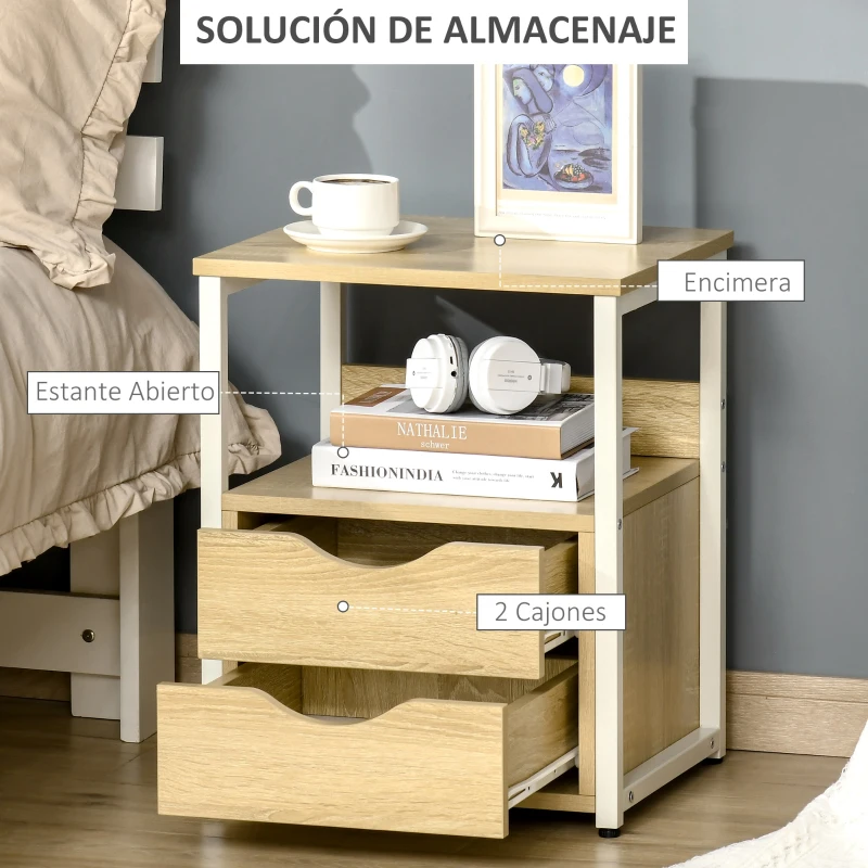 HOMCOM Mesa Auxiliar con 2 Cajones y Estantes de Almacenamiento Mesita de Noche con Marco de Metal 40x35x49 cm Natural