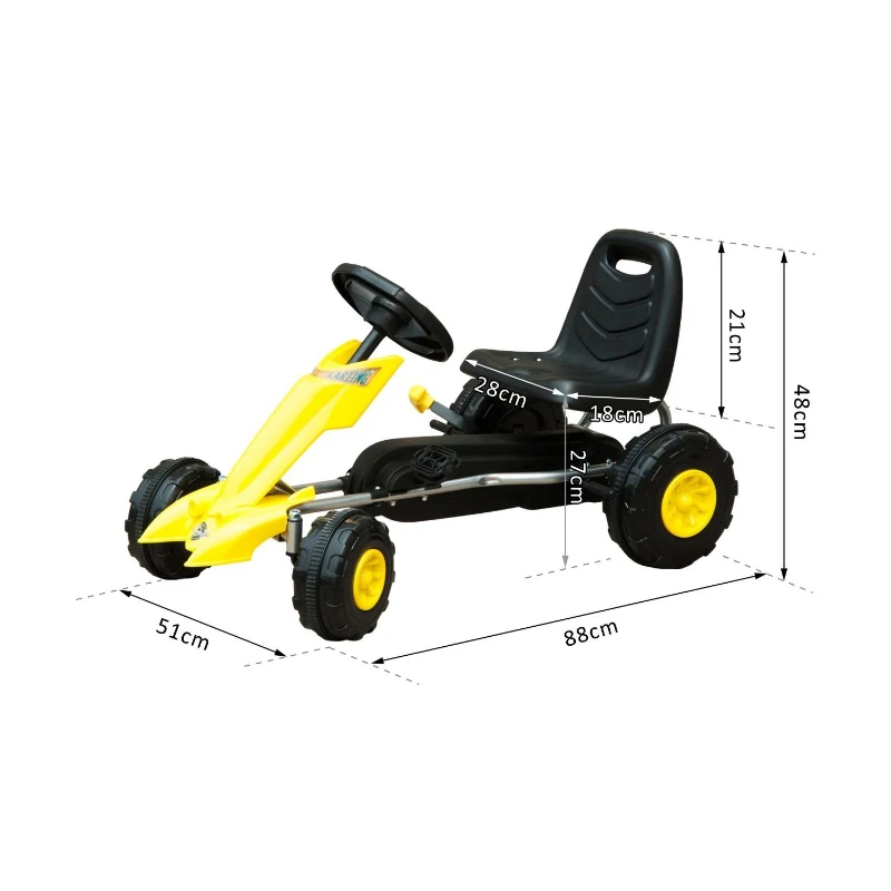 HOMCOM Go Kart Coche de Pedales Deportivo de Acero con Frenos para Niños de 3-5 Años 88x51x48cm Color Negro y Amarillo