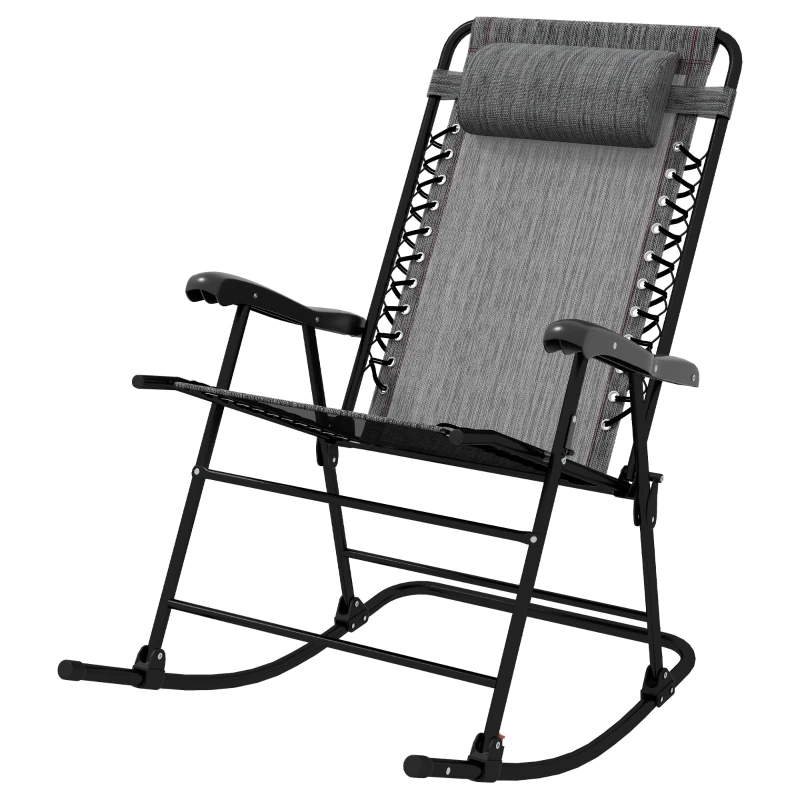 Outsunny Garden Rocking Chair Folding Outdoor Adjustable Rocker Zero-Gravity Seat with Headrest Camping Fishing Patio Deck, 90 x 64 x 110 cm - Grey