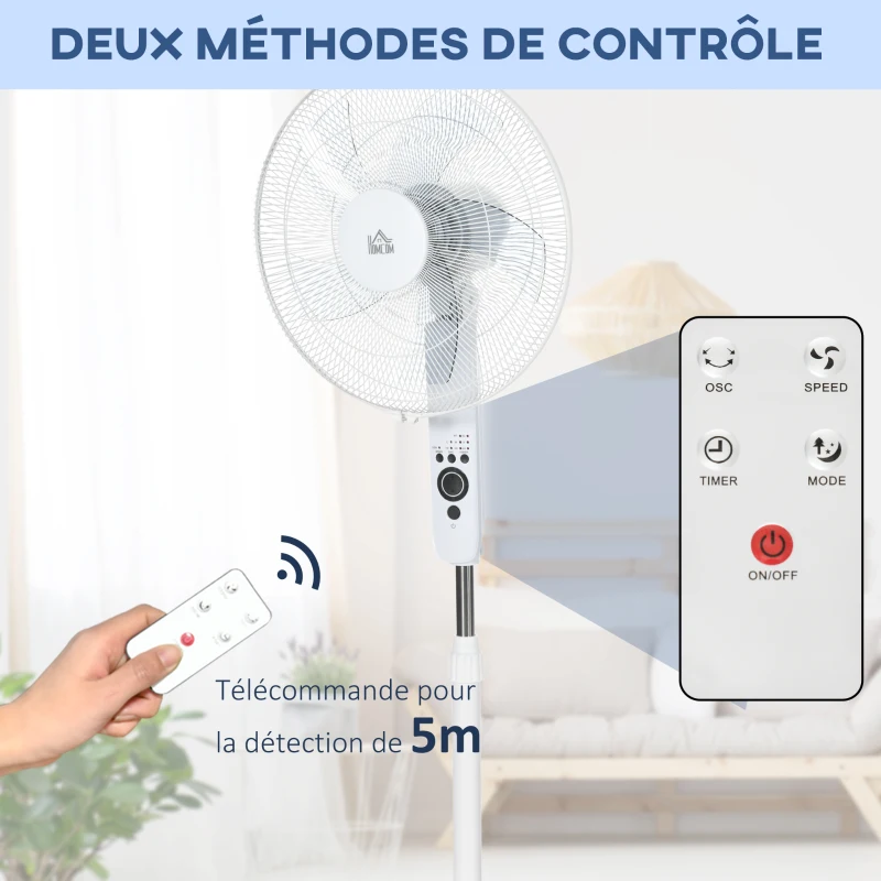 HOMCOM Ventilateur sur pied puissant 45 W réglable en hauteur 110-124 cm, télécommande, 3 vitesses, oscillation et minuterie