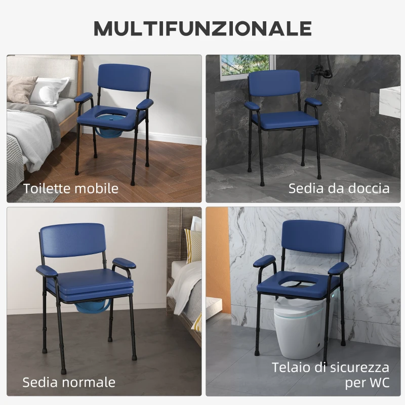 HOMCOM Sedia Comoda 5 in 1 per Anziani e Disabili per WC e Doccia, Altezza Regolabile e Secchio Rimovibile, Blu