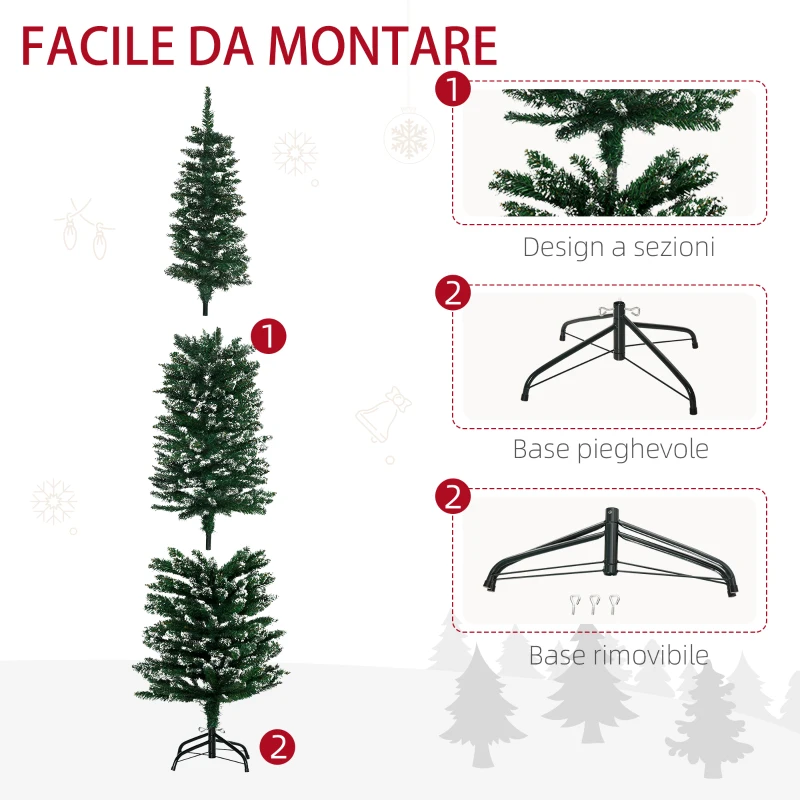 HOMCOM Albero di Natale Slim con 570 Rami, Albero di Natale Innevato Artificiale Alto e Stretto con Base Rimovibile e Pieghevole, Φ53x190cm, Verde
