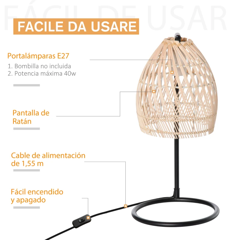 HOMCOM Lámpara de Mesa Decorativa con Pantalla de Ratán Casquillo E27 Máx. 40W para Dormitorio Salón Ø20x41 cm Natural