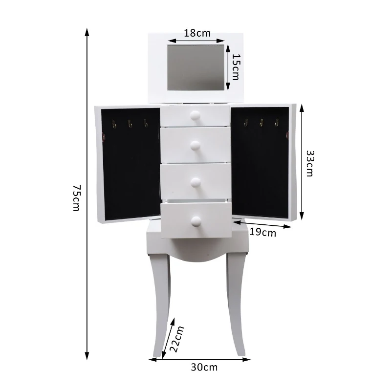 HOMCOM Armario Tocador Joyero 30x22x75cm con 1 Espejo 3 cajones y 2 colgadores Madera