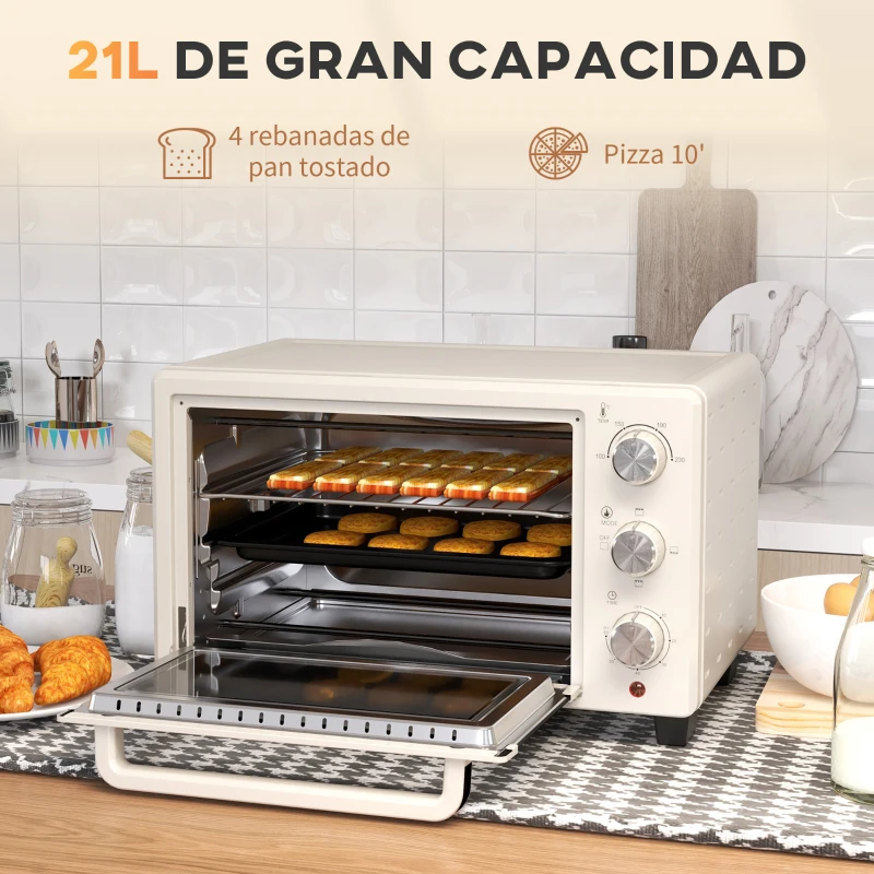 HOMCOM Horno Sobremesa de 21L 1400W Mini Horno Eléctrico Temporizador hasta 60min y Temperatura Regulable hasta 230℃ Crema