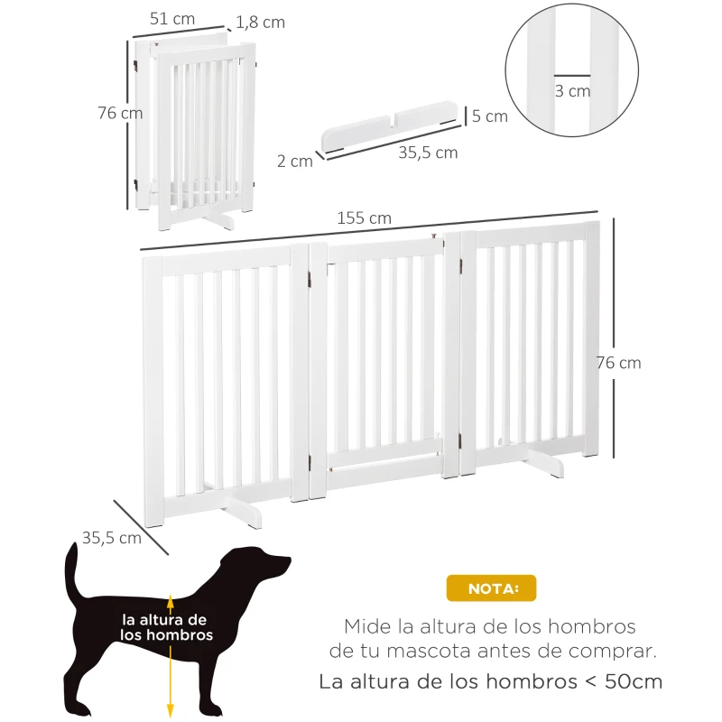 PawHut Valla para Mascotas Plegable de 3 Paneles con 1 Puerta y Patas de Apoyo para Pasillo Escalera 155x35,5x76 cm Blanco
