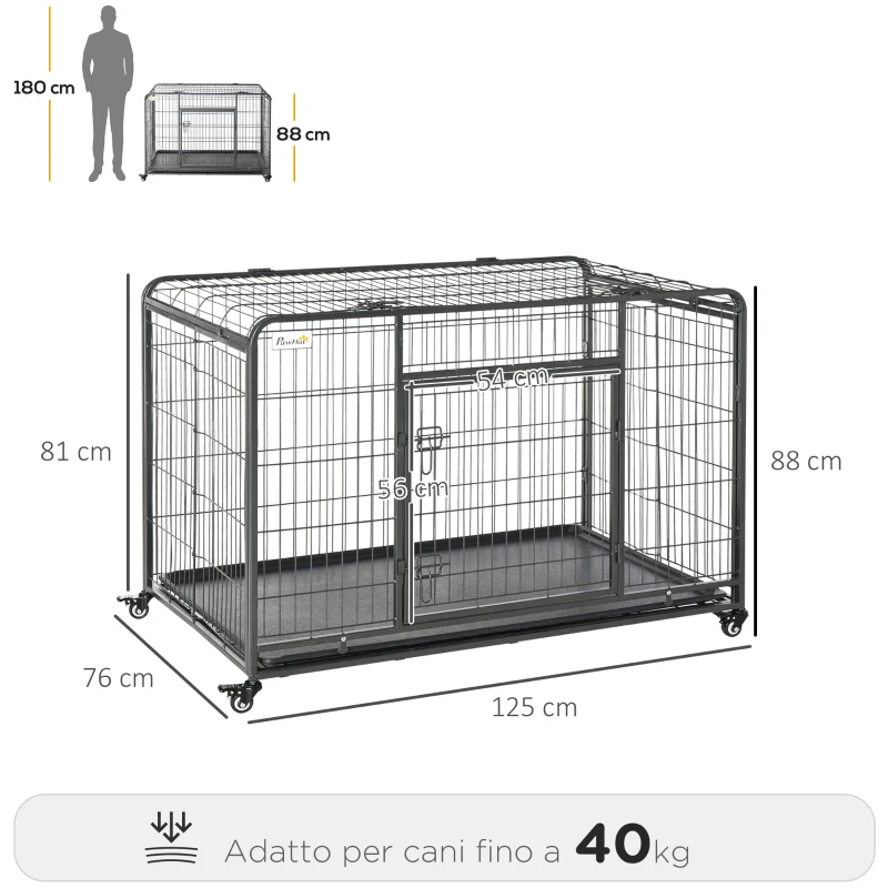 PawHut Kennel Gabbia per Cani Pieghevole a Doppia Porta con Blocco, Box per Cani con 4 Ruote con Freno e Fondo Rimovibile, 125x76x81cm, Grigio Scuro