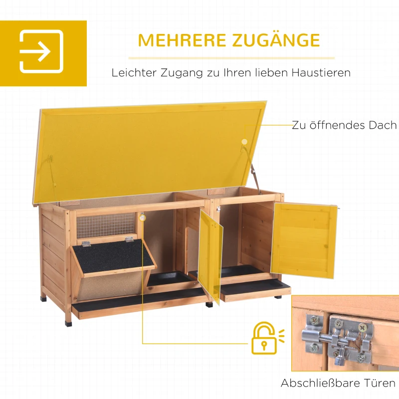 PawHut Kleintierstall Kleintierkäfig mit Bodenwanne Kleintierhaus mit Asphaltdach und Futtertrog Outdoor Indoor Tannenholz Natur+Schwarz 112 x 50 x 54 cm